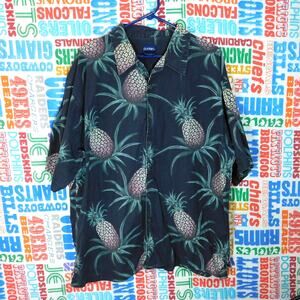 Vintage 90s Puritan All Over Pineapple Print Hawaiian Shirt Size XL Black Multi